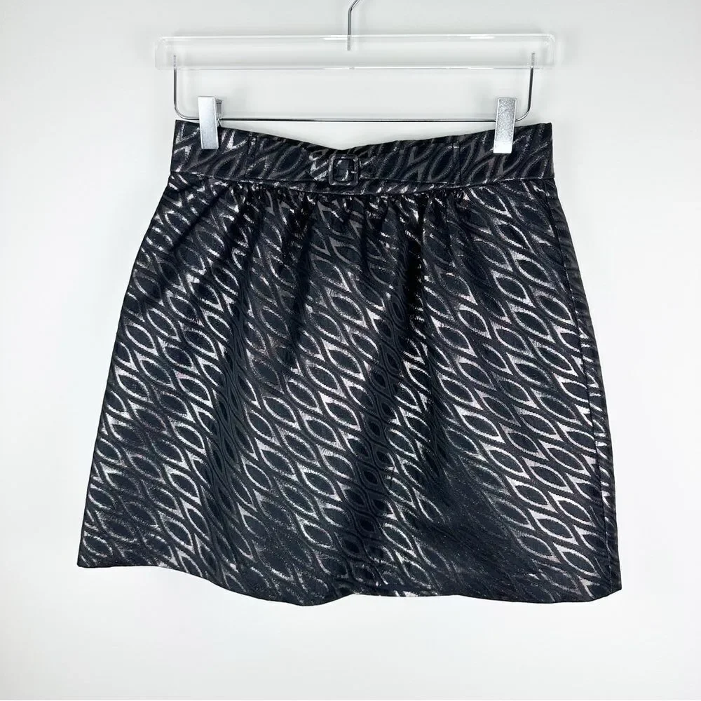 Tibi Black‎ Metallic Jacquard Full Mini Skirt Sz 8 Back Zip Evening Party